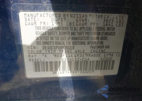 2017 Nissan Sentra Sv z USA, uszkodzony, nr VIN 3N1AB7APXHY350209